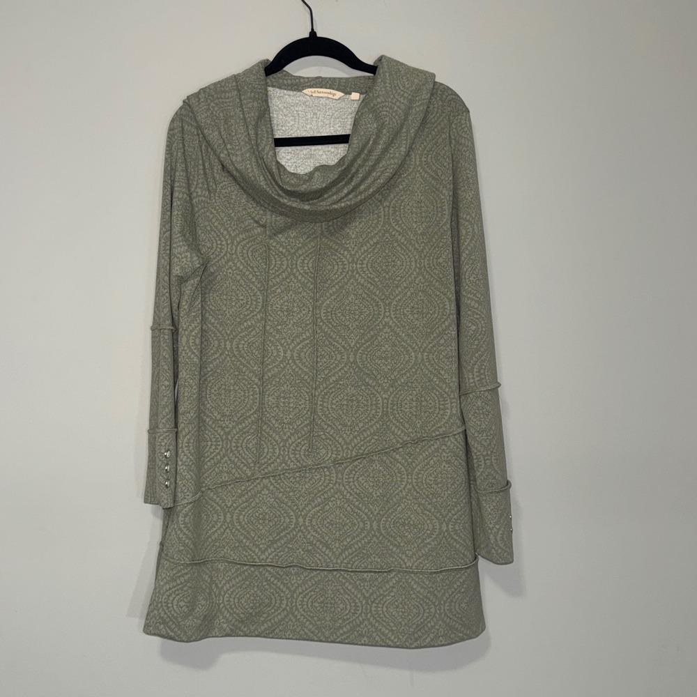 Soft Surroundings Cowl Neck Tunic Sage Green Damask Print Long Sleeve XL